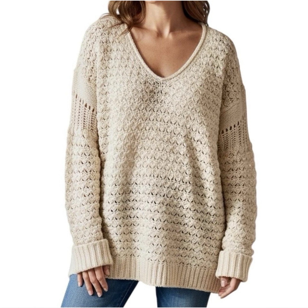 FREE PEOPLE Crashing Waves Cream Chunky Oversized Tunic Sweater sz M Boho $128